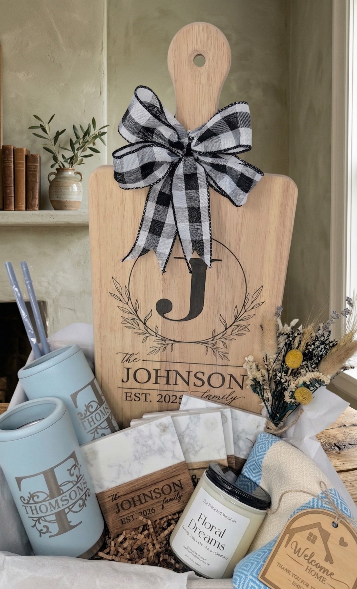 Personalized Large Cutting Board Housewarming Gift Basket | Custom Family Name New Home Set | Realtor Closing Gift