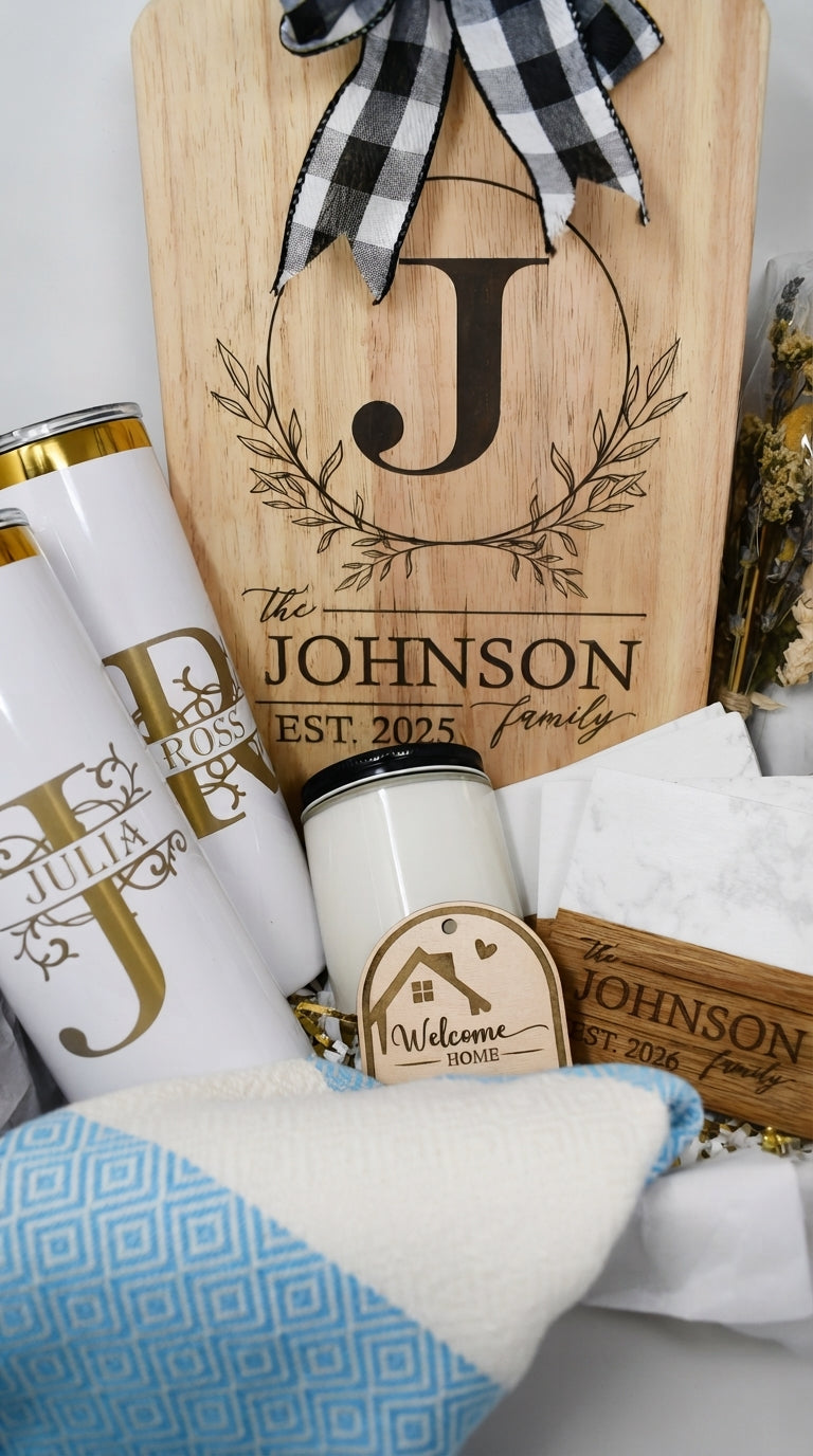 Family Name Housewarming Gift Basket – Rectangle Board