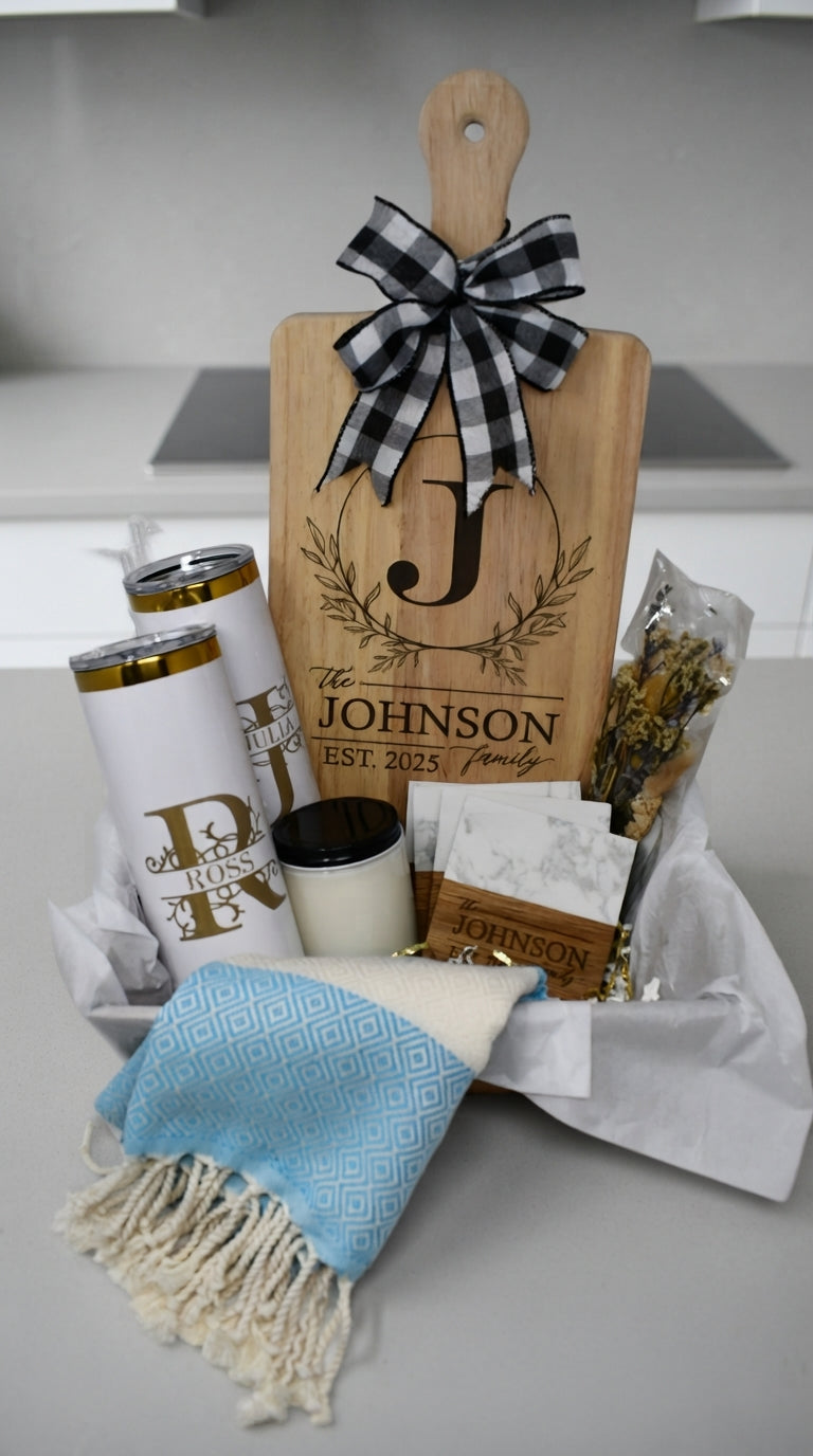 Family Name Housewarming Gift Basket – Rectangle Board