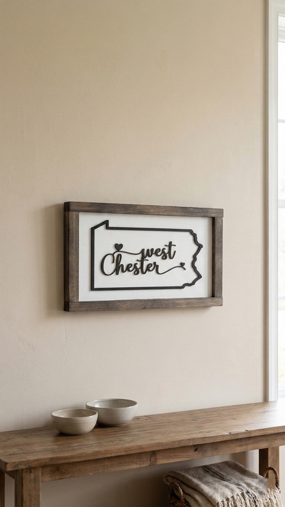 Custom Pennsylvania Wood Sign | Personalized PA City Heart Sign | Romantic Farmhouse Decor | Valentine Housewarming Gift | 13x8"