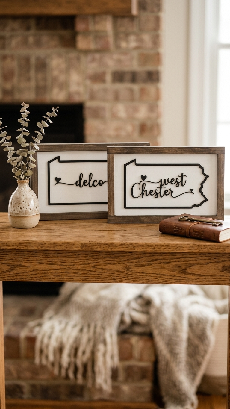 Custom Pennsylvania Wood Sign | Personalized PA City Heart Sign | Romantic Farmhouse Decor | Valentine Housewarming Gift | 13x8"