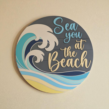 "Sea You at the Beach" Round Wood Sign – Coastal Wall Decor