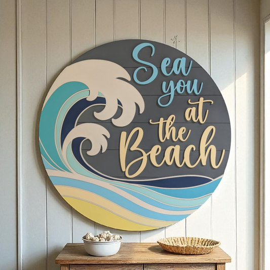 "Sea You at the Beach" Round Wood Sign – Coastal Wall Decor
