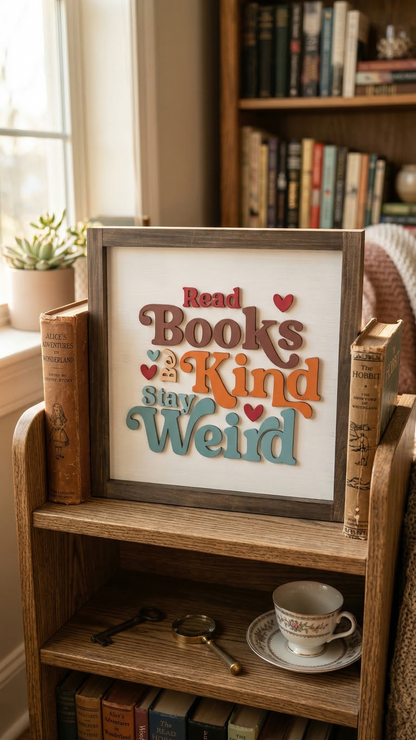 Read Books Be Kind Stay Weird Wood Sign | Book Lover Decor | Reading Nook Decor