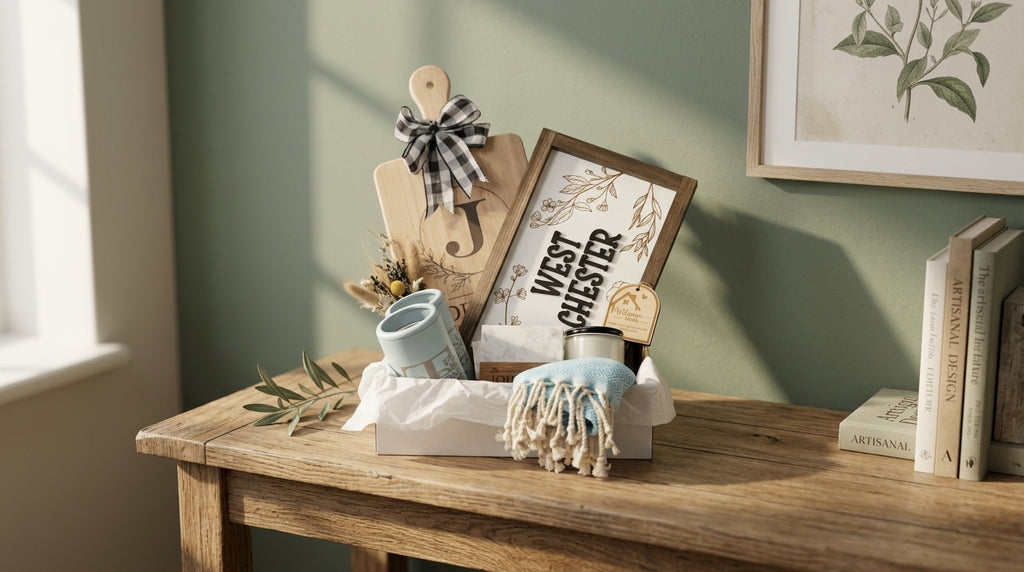 Premium Family Name Housewarming Gift Basket | Custom Location Sign & Engraved Keepsakes