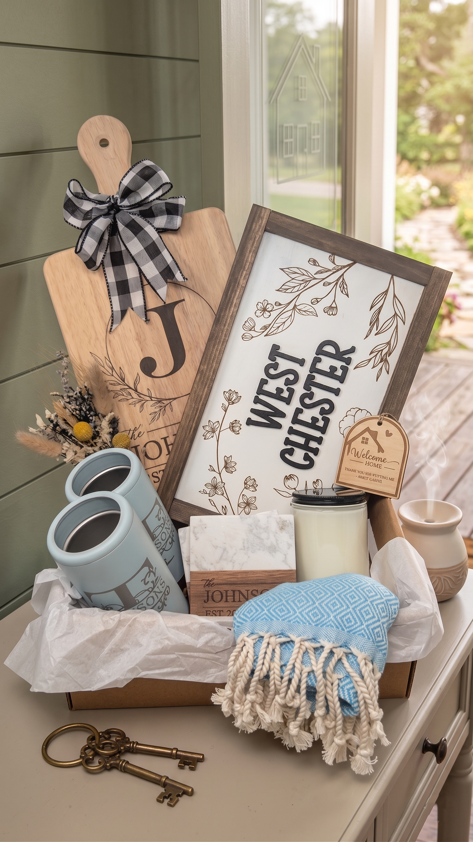 Premium Family Name Housewarming Gift Basket | Custom Location Sign & Engraved Keepsakes