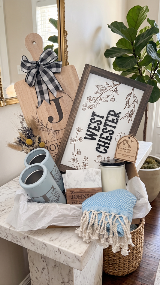 Premium Family Name Housewarming Gift Basket | Custom Location Sign & Engraved Keepsakes