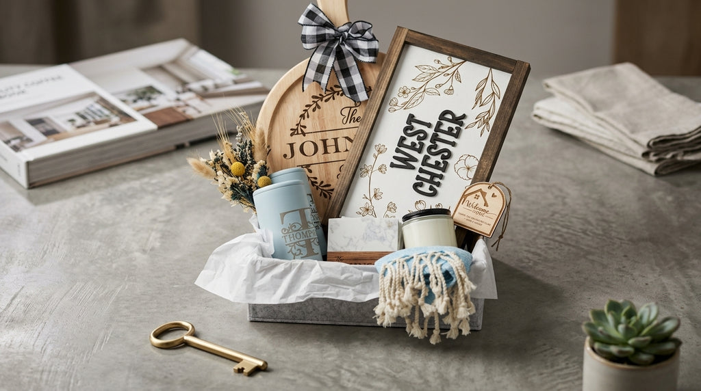 Premium Family Name Housewarming Gift Basket with Round Cutting Board | Custom Engraved Closing Gift for Realtors & Businesses