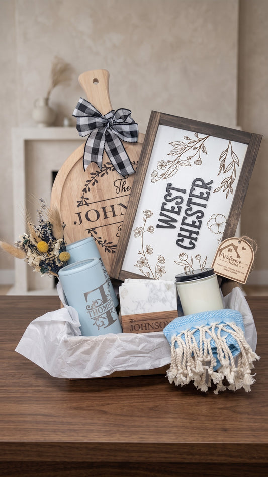 Premium Family Name Housewarming Gift Basket with Round Cutting Board | Custom Engraved Closing Gift for Realtors & Businesses