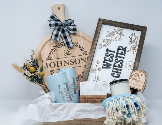 Premium Family Name Housewarming Gift Basket with Round Cutting Board | Custom Engraved Closing Gift for Realtors & Businesses