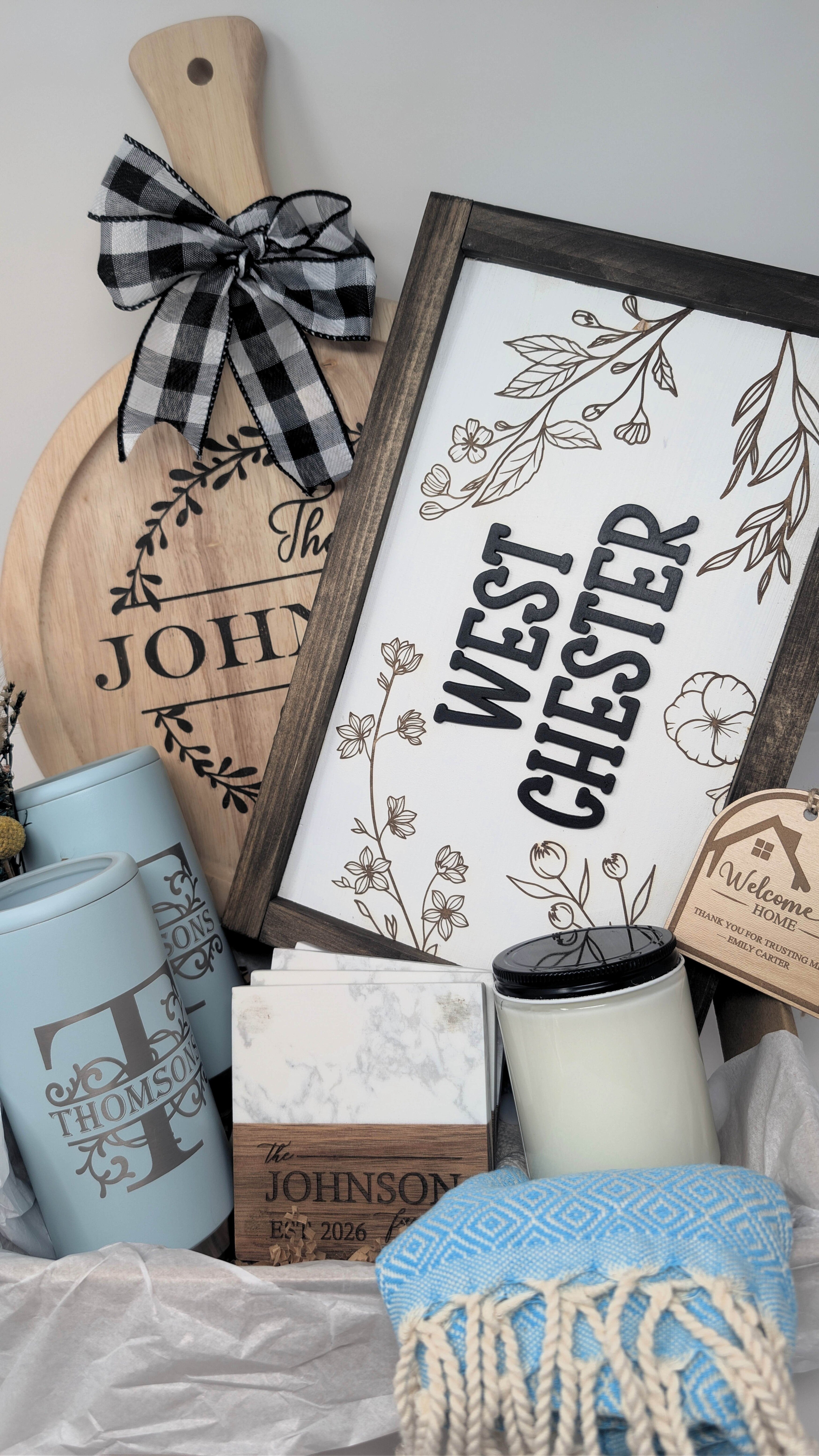 Premium Family Name Housewarming Gift Basket with Round Cutting Board | Custom Engraved Closing Gift for Realtors & Businesses