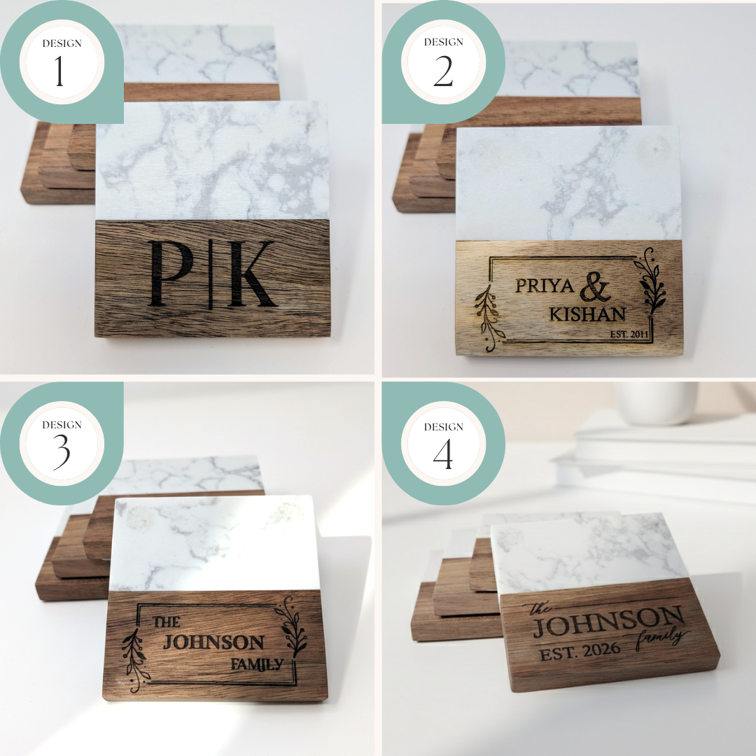 Custom Engraved Wood Board & Coaster Set – Personalized Family Name Gift Set