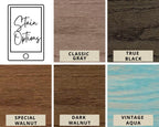 Wood stain color options with labels on a white background