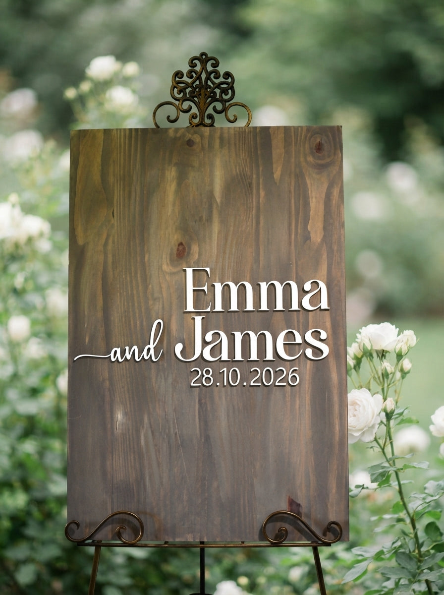 A rustic wooden wedding sign on a metal easel stand, featuring the names 'Emma and James' and the date '28.10.