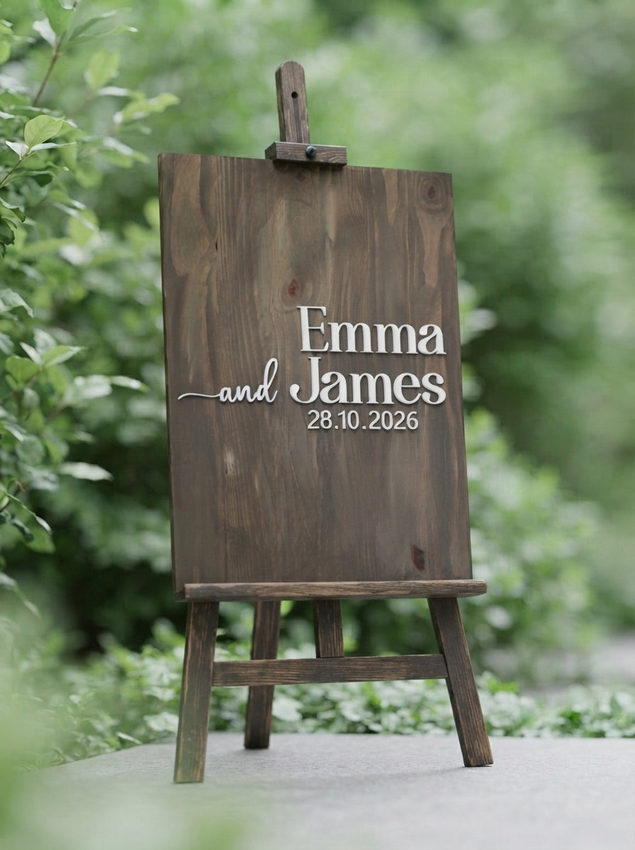 A rustic dark brown wooden wedding sign on an easel stand, personalized with the names 'Emma and James' and the date '28.10.