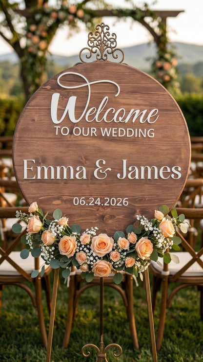 Custom Round Wood Wedding Welcome Sign | Personalized with Names & Date | Handcrafted Wood Sign