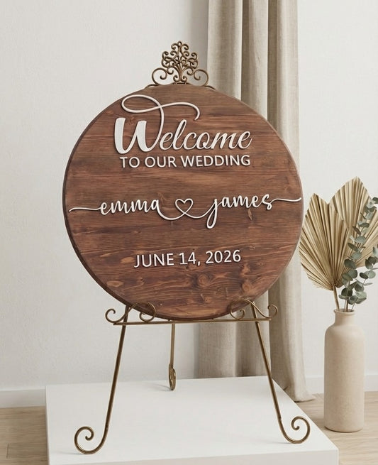 Custom Round Wood Wedding Welcome Sign | Romantic Script with Heart | Handcrafted Personalized Wood Sign