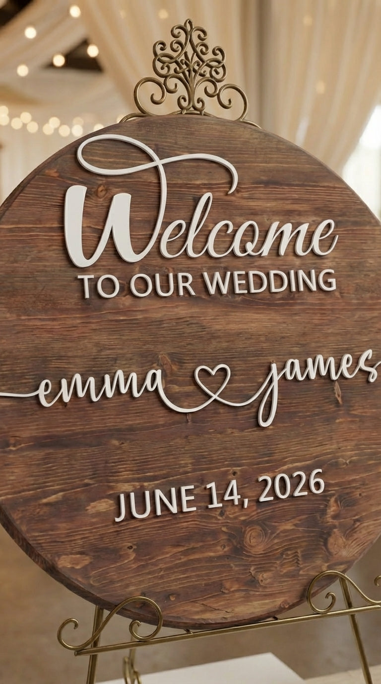 Custom Round Wood Wedding Welcome Sign | Romantic Script with Heart | Handcrafted Personalized Wood Sign