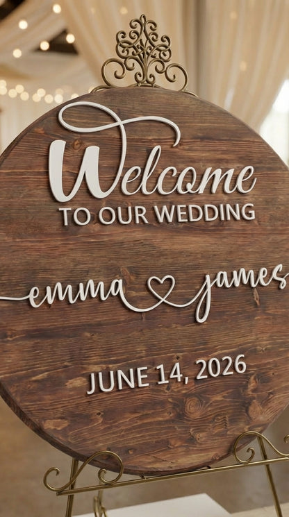 Custom Round Wood Wedding Welcome Sign | Romantic Script with Heart | Handcrafted Personalized Wood Sign