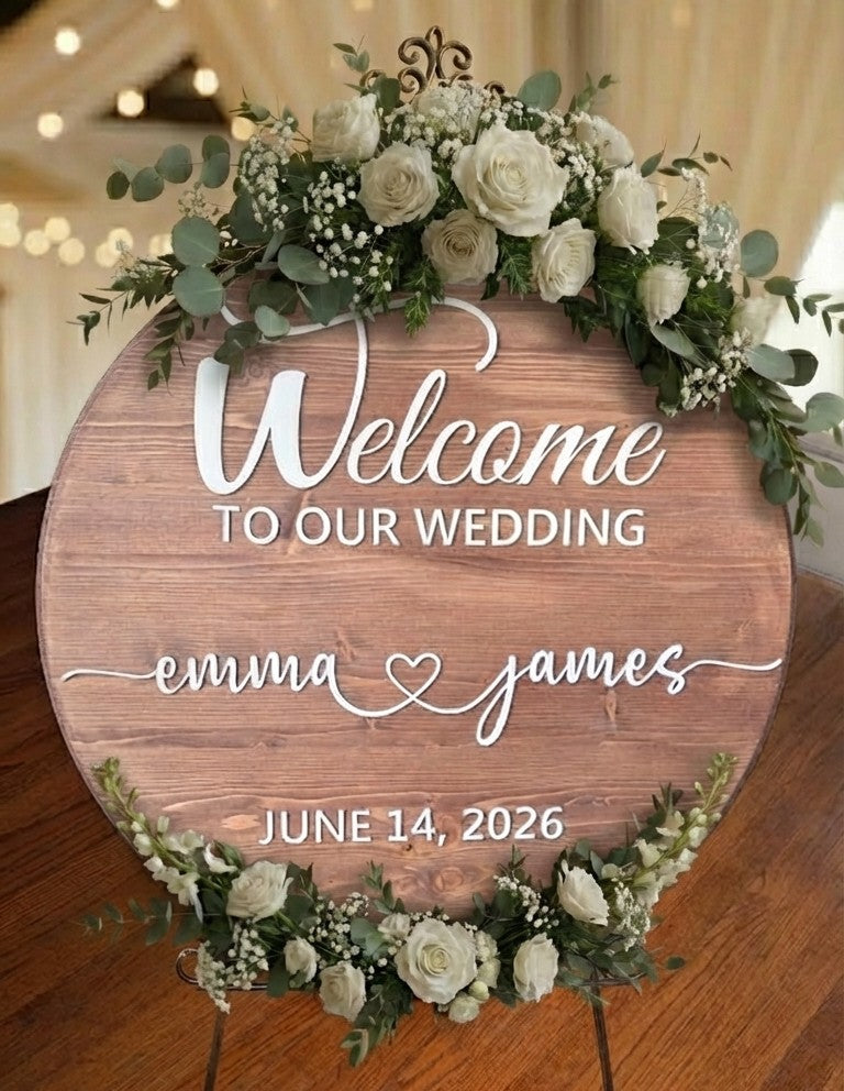 Custom Round Wood Wedding Welcome Sign | Romantic Script with Heart | Handcrafted Personalized Wood Sign