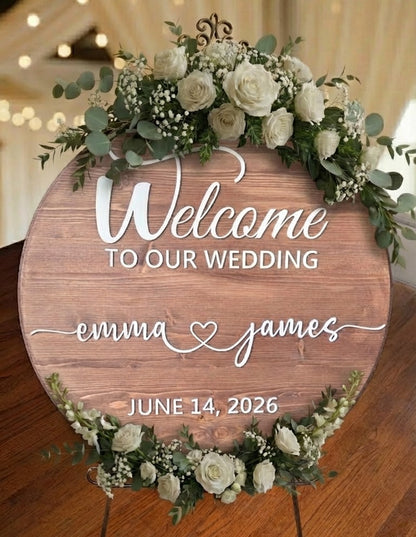 Custom Round Wood Wedding Welcome Sign | Romantic Script with Heart | Handcrafted Personalized Wood Sign