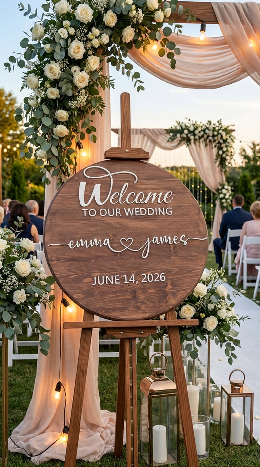 Custom Round Wood Wedding Welcome Sign | Romantic Script with Heart | Handcrafted Personalized Wood Sign