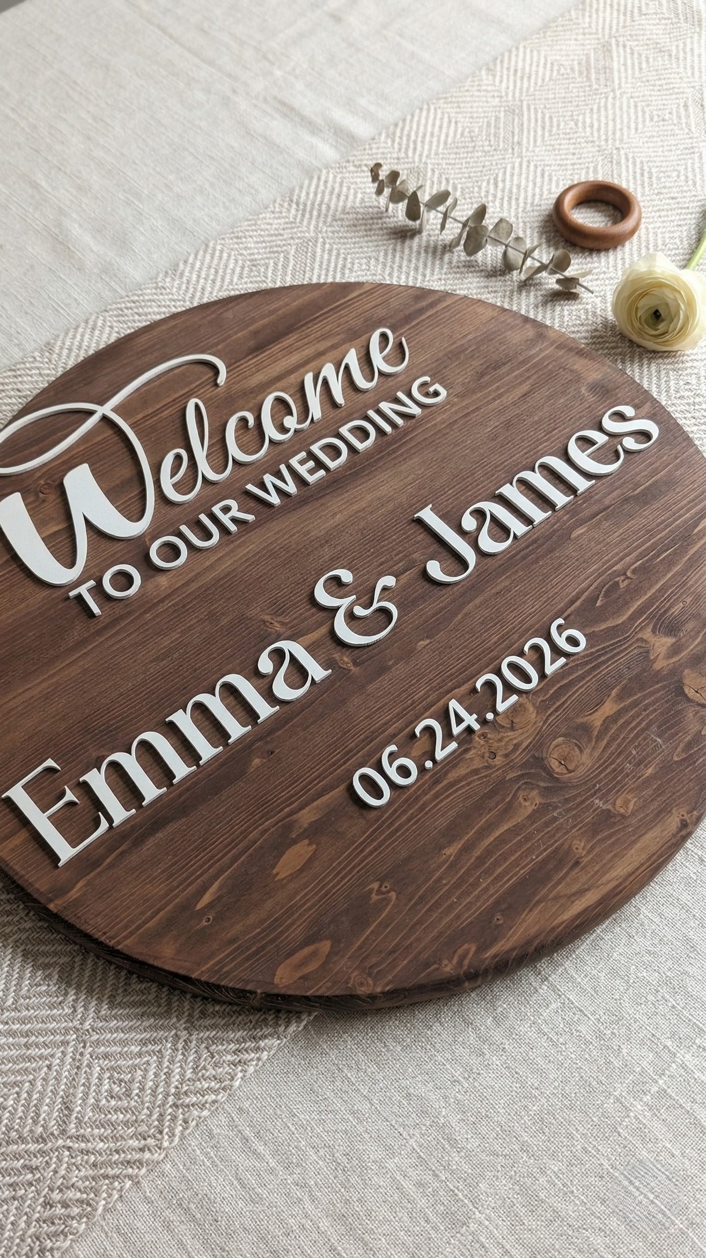 Custom Round Wood Wedding Welcome Sign | Personalized with Names & Date | Handcrafted Wood Sign