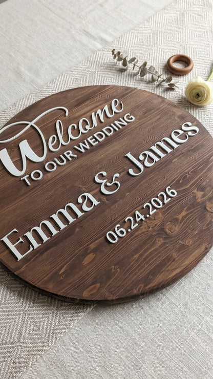 Custom Round Wood Wedding Welcome Sign | Personalized with Names & Date | Handcrafted Wood Sign