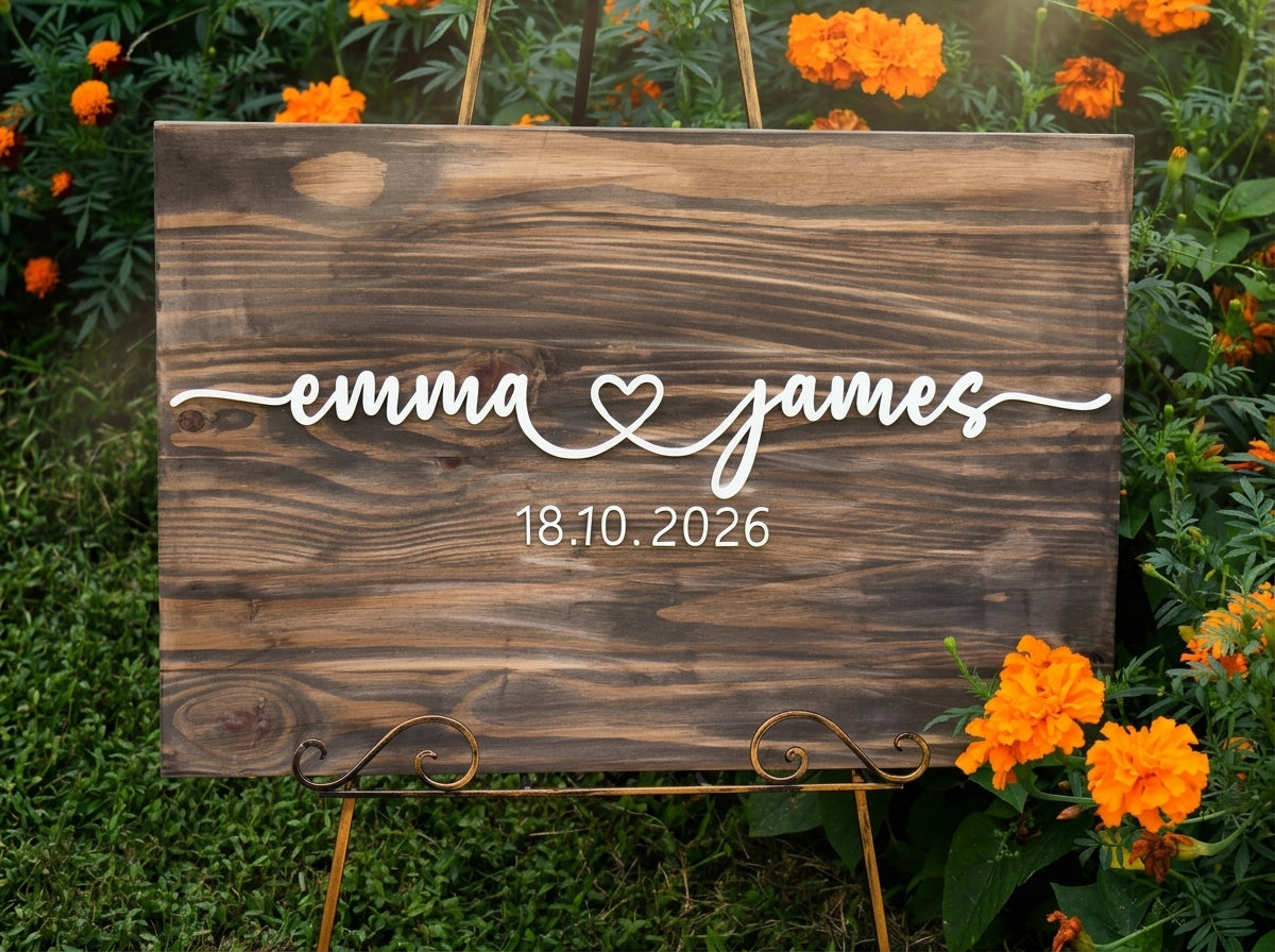 Rectangle Wood Wedding Guest Book Sign – Flowing Script