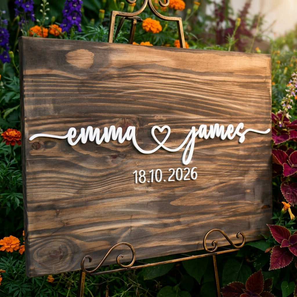 Rectangle Wood Wedding Guest Book Sign – Flowing Script
