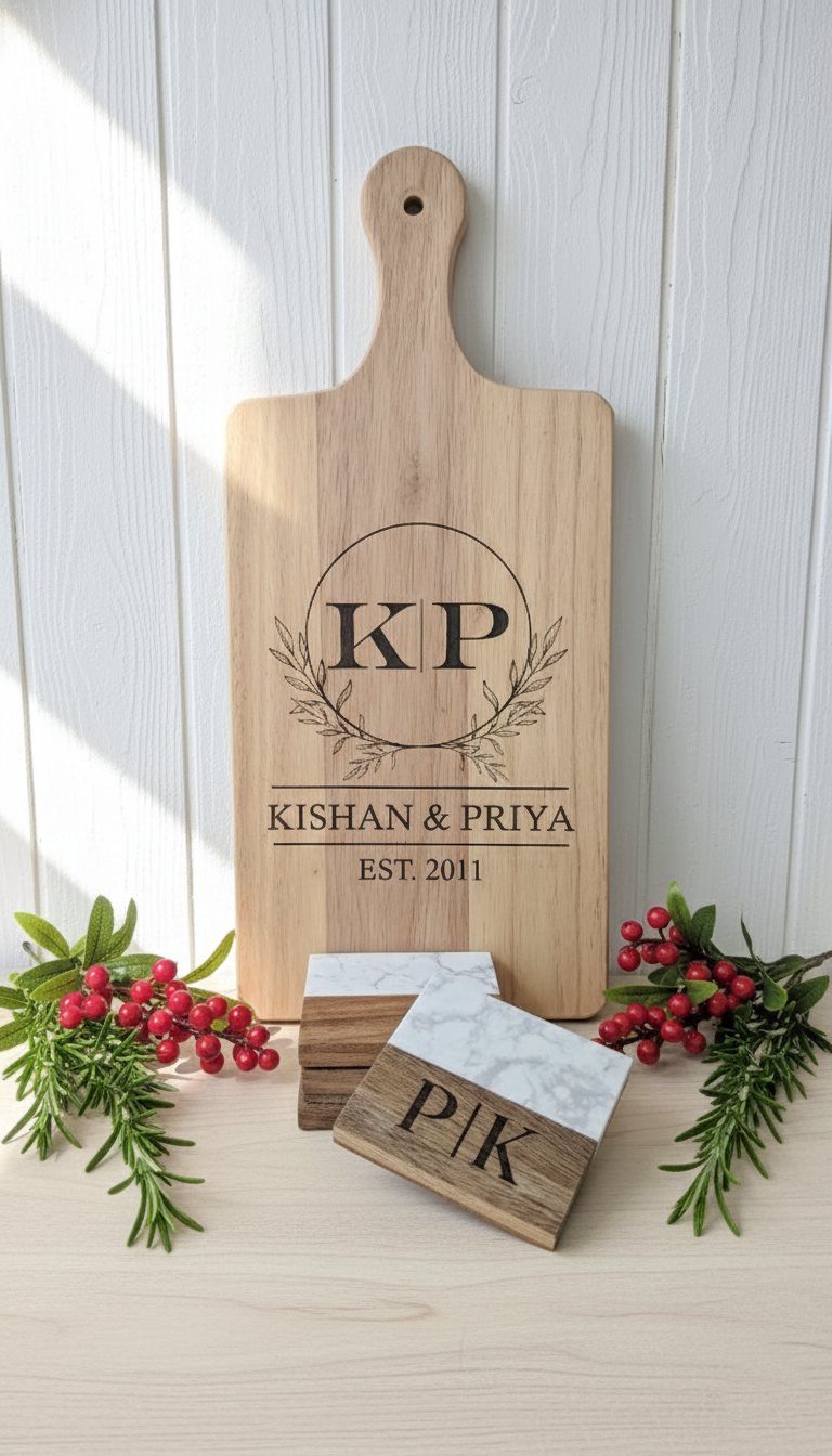 Custom Engraved Wood Board & Coaster Set – Personalized Family Name Gift Set