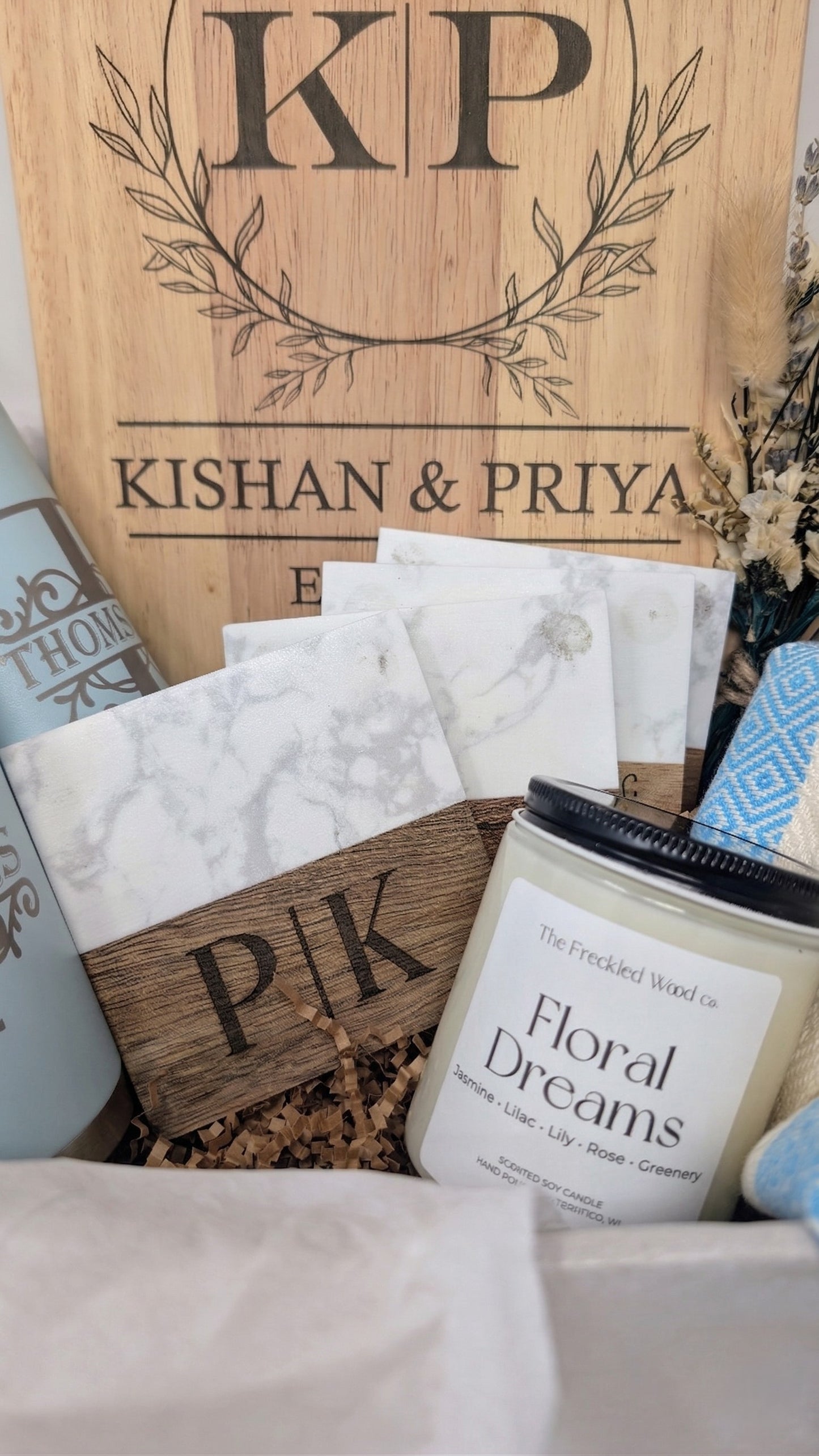 Personalized Couples Housewarming Gift Basket | Custom Dual Initial Cutting Board New Home Set | Wedding Gift | Realtor Closing Gift