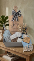 Personalized Couples Housewarming Gift Basket | Custom Dual Initial Cutting Board New Home Set | Wedding Gift | Realtor Closing Gift