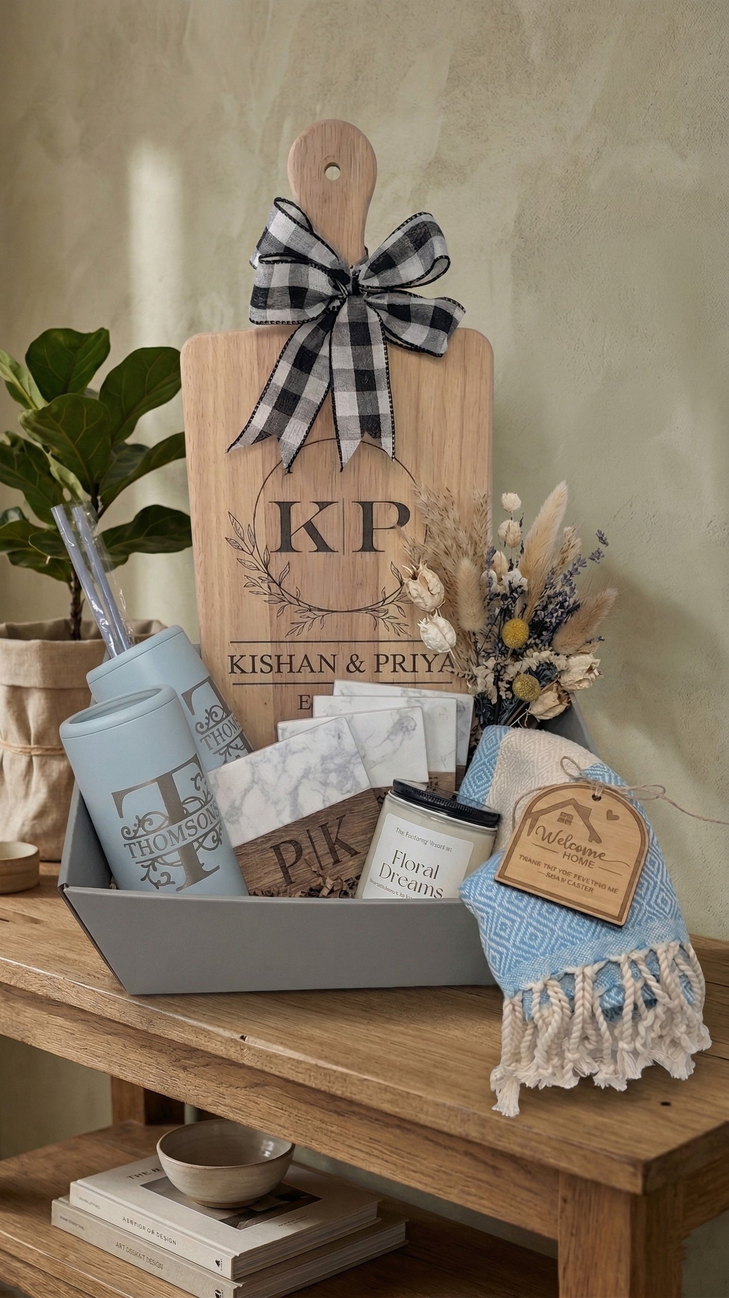Personalized Couples Housewarming Gift Basket | Custom Dual Initial Cutting Board New Home Set | Wedding Gift | Realtor Closing Gift