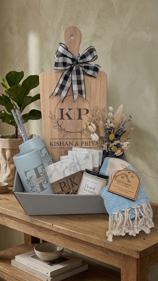 Personalized Couples Housewarming Gift Basket | Custom Dual Initial Cutting Board New Home Set | Wedding Gift | Realtor Closing Gift