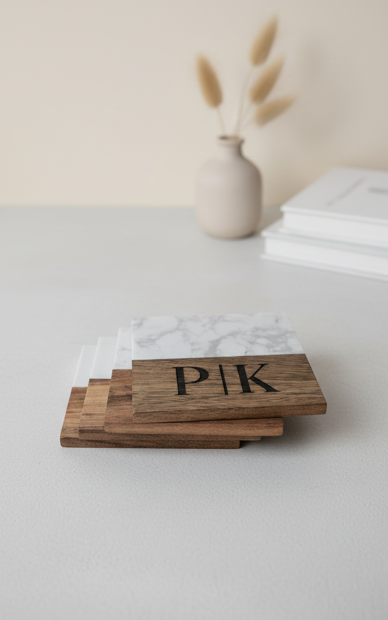 Personalized Couple Marble & Wood Coasters – Custom Engraved Set of 4