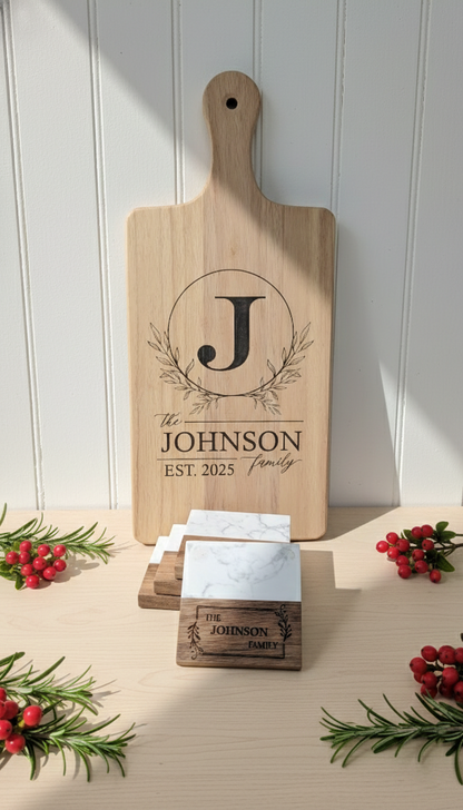 Custom Engraved Wood Board & Coaster Set – Personalized Family Name Gift Set