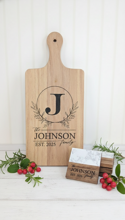 Custom Engraved Wood Board & Coaster Set – Personalized Family Name Gift Set