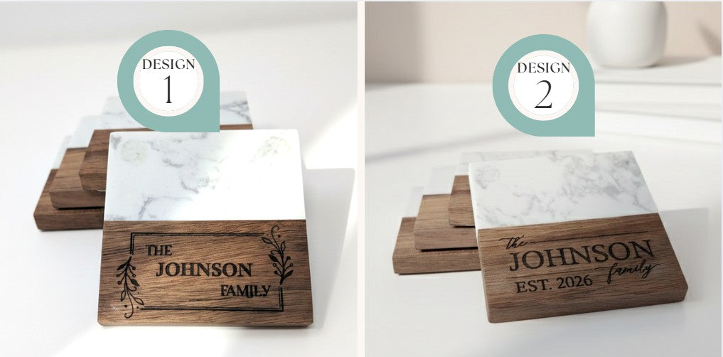 Personalized Family Marble & Wood Coasters – Custom Engraved (Set of 4)