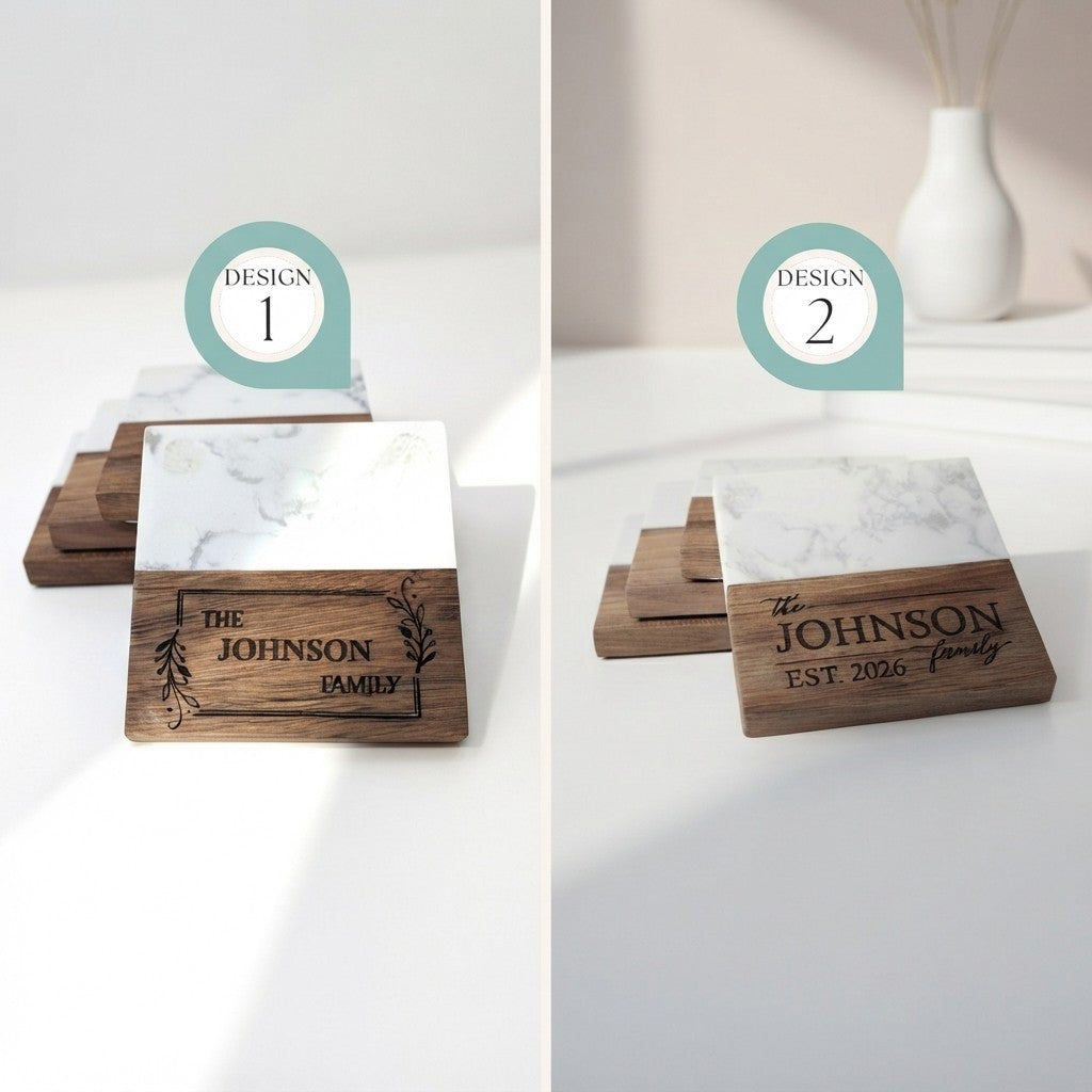 Personalized Square Marble & Wood Coasters (Set of 4)