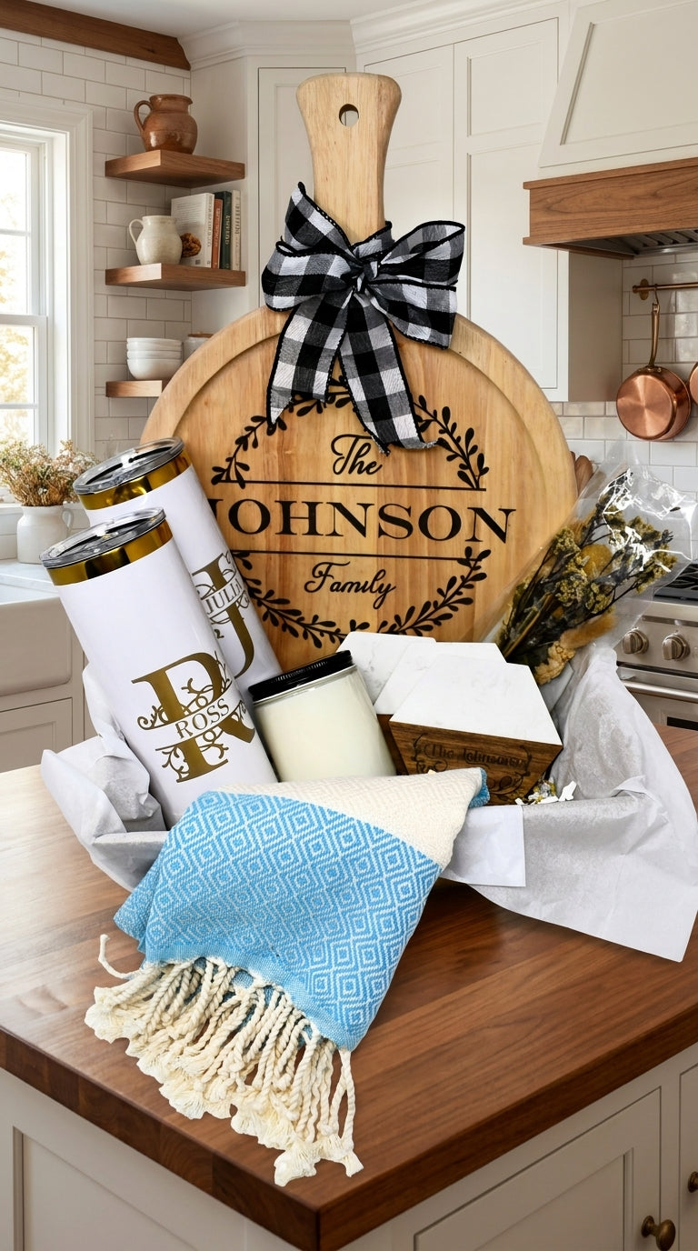 Family Name Housewarming Gift Basket – Round Board