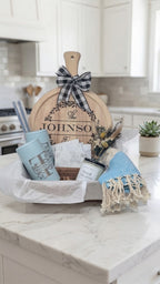 Family Name Housewarming Gift Basket – Round Board