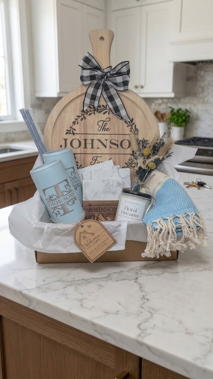 Personalized New Home Gift Basket | Custom Family Name Housewarming Set | Realtor Closing Gift