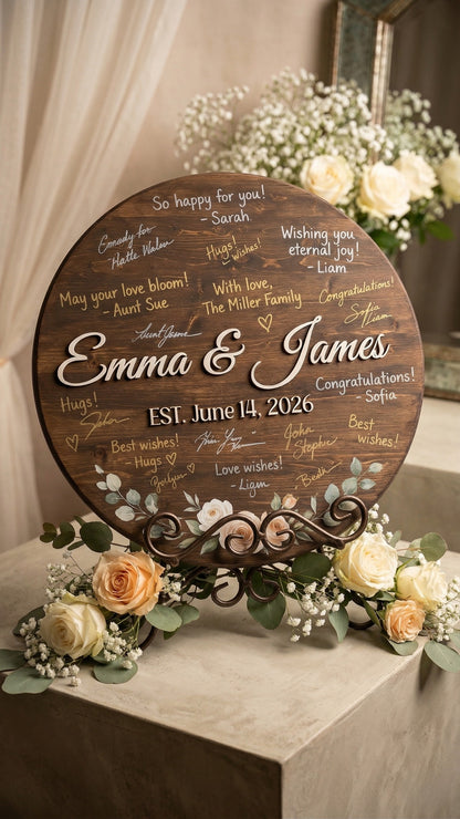 Custom Round Wood Guest Book Sign | Personalized Names and Date | Handcrafted Wedding Guest Book Alternative