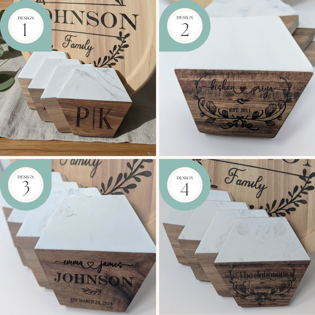 Custom Engraved Round Wood Board & Coaster Set – Personalized Family Name Gift Set