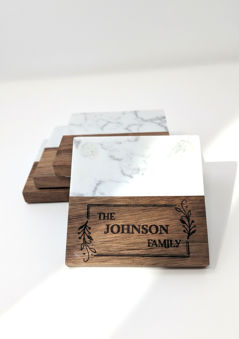 Personalized Family Marble & Wood Coasters – Custom Engraved (Set of 4)