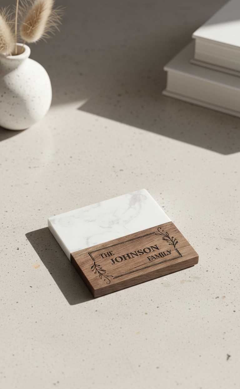 Personalized Family Marble & Wood Coasters – Custom Engraved (Set of 4)
