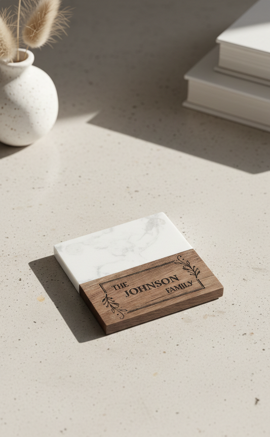 Personalized Family Marble & Wood Coasters – Custom Engraved (Set of 4)