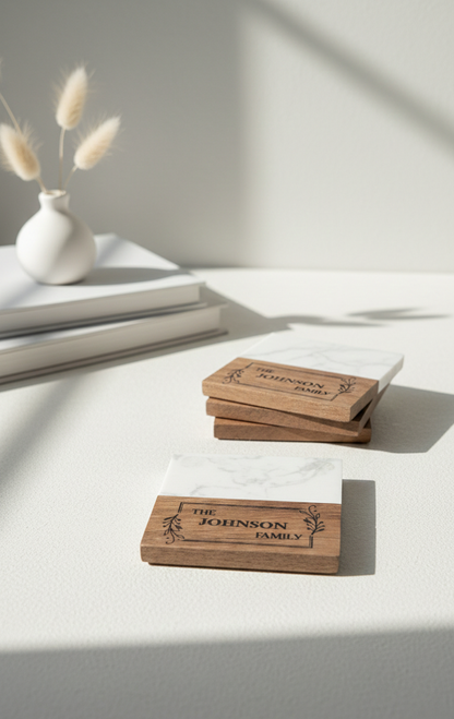 Personalized Family Marble & Wood Coasters – Custom Engraved (Set of 4)