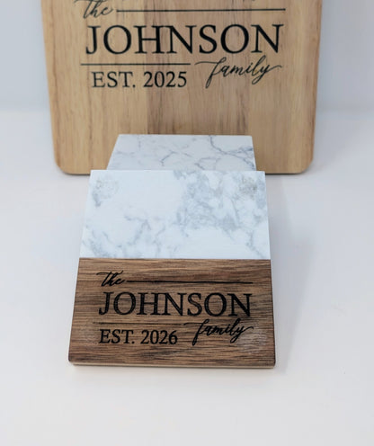 Personalized Family Marble & Wood Coasters – Custom Engraved (Set of 4)